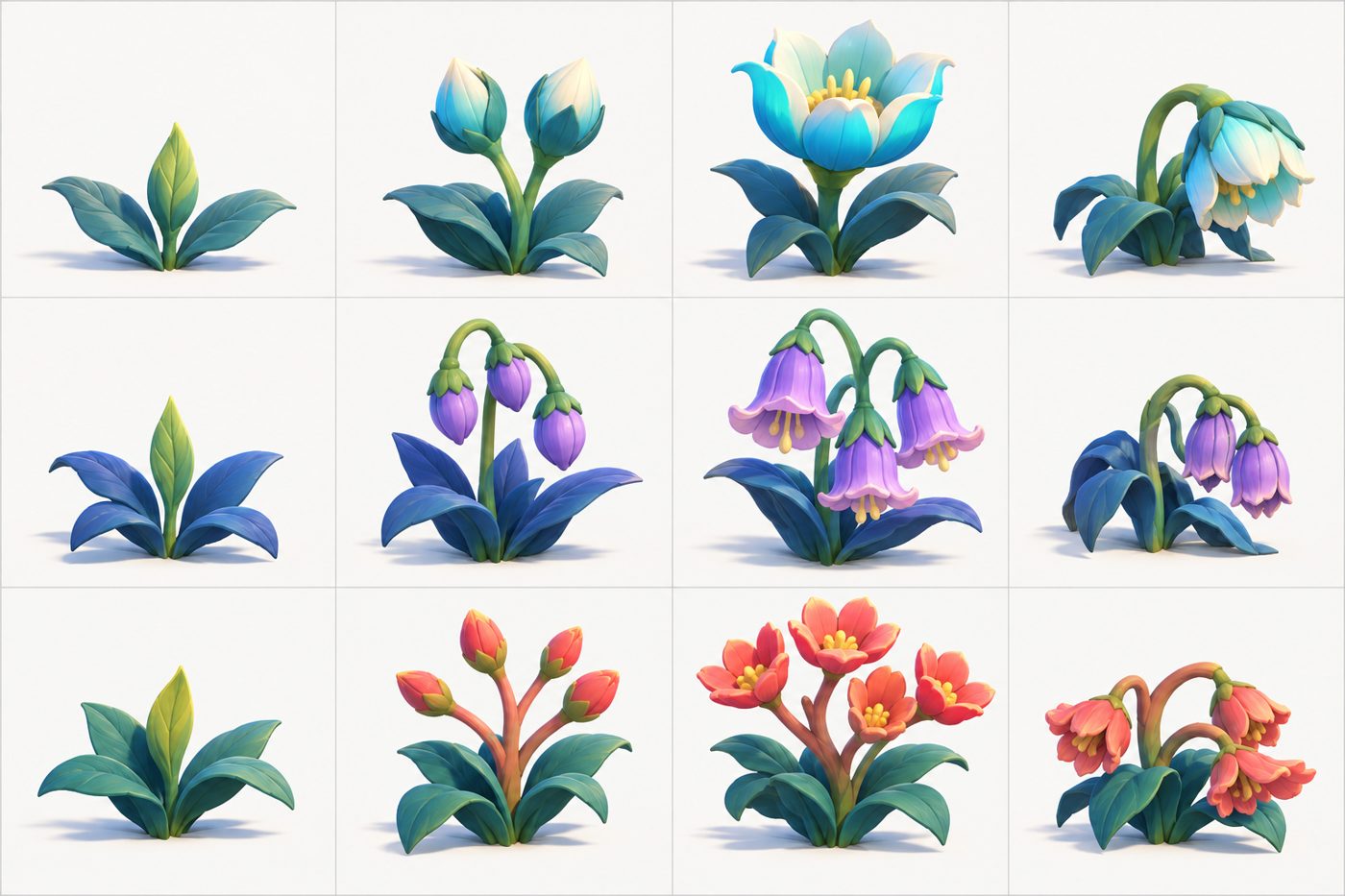 三种花各四格:发芽、花蕾、盛开,最右一列是低垂的花。